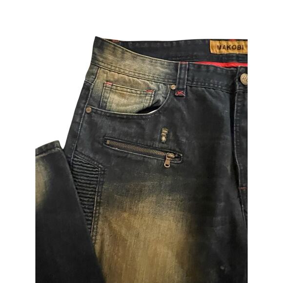 Mens Makobi Jeans 36x34 Blue Faded Distressed Zipper Pockets Streetwear Y2K - Picture 5 of 16